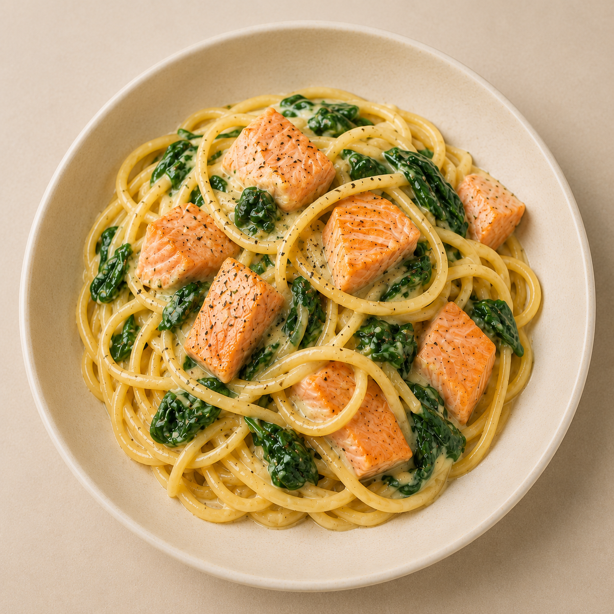 Espaguetis con Salmón y Espinacas